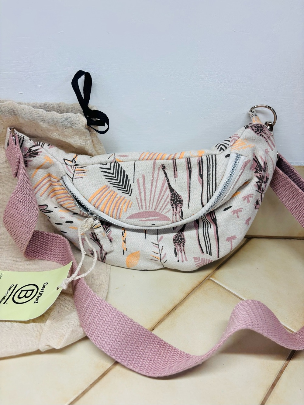 EcoRight Fanny Pack Crossbody Madagascar Safari Print Organic Cotton Pink Travel